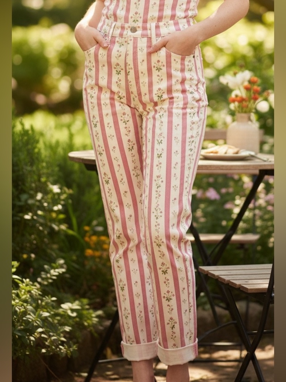 WeWoreWhat Pink and Cream Striped Floral Wide Leg Jeans